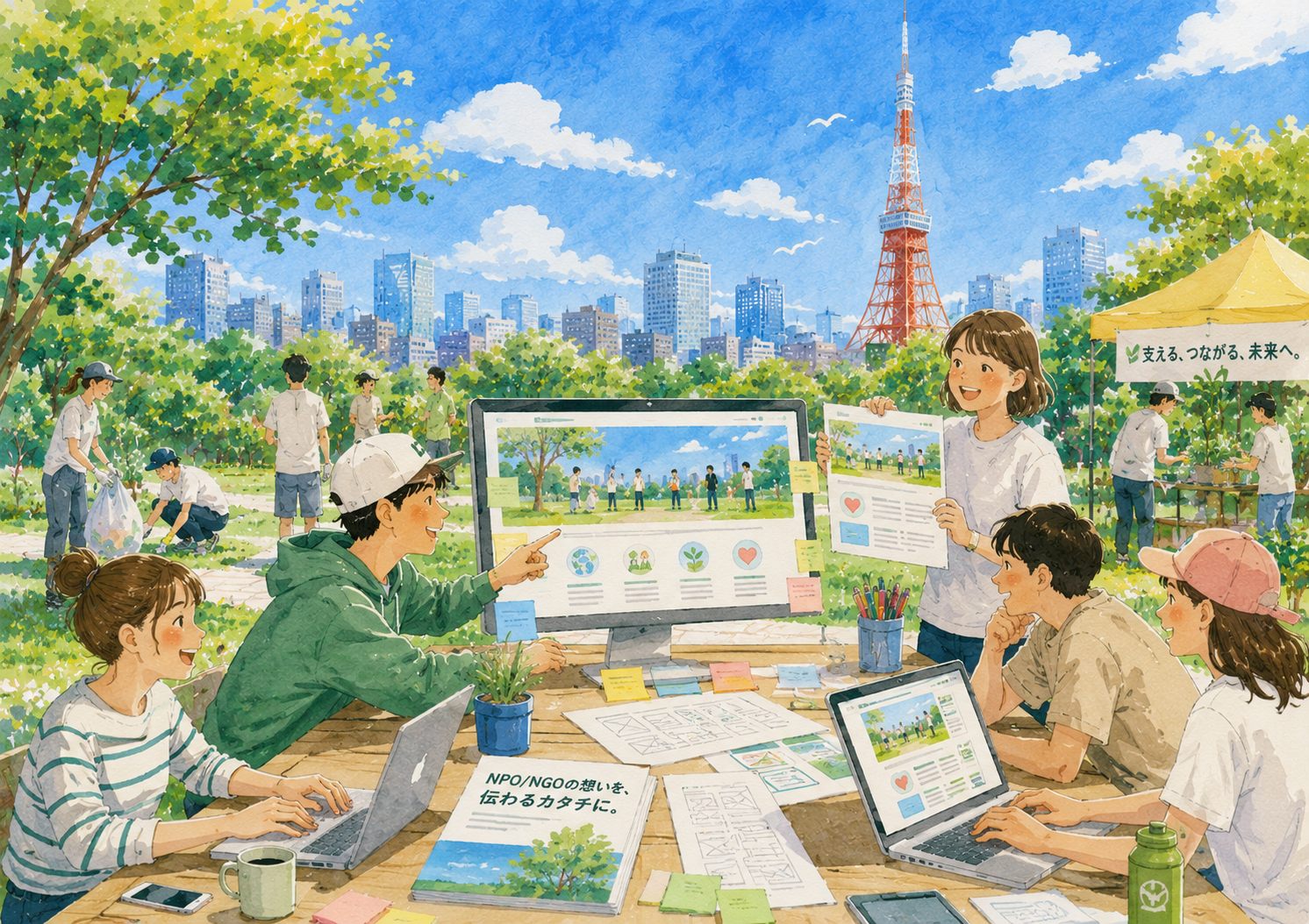 学生たちがパソコンを囲んでNPO/NGOのホームページ制作を進めているイラスト