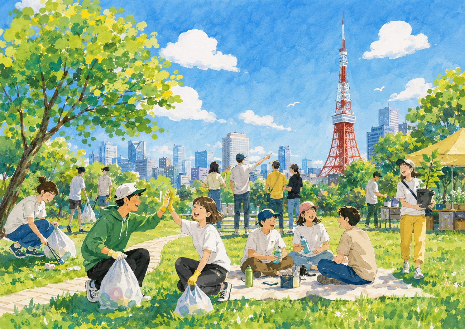 国立競技場を背景にビーチクリーンを行い、笑顔でハイタッチをする学生たちのイラスト